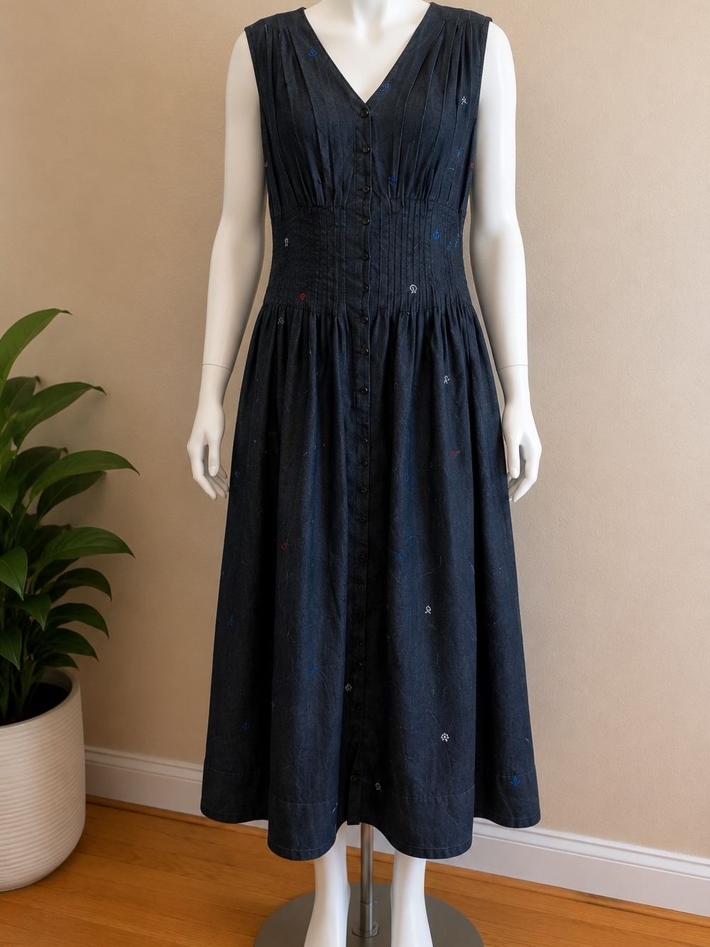 NWT Free Assembly Embroidered Denim Midi Dress XL (16-18) Button Front